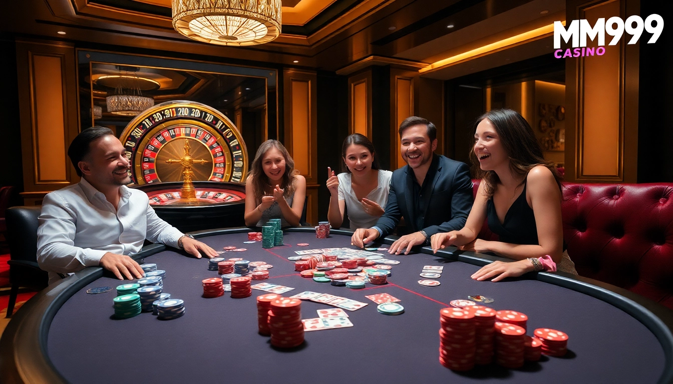 Players enjoying a game at MM99 casino table with colorful poker chips and cards.