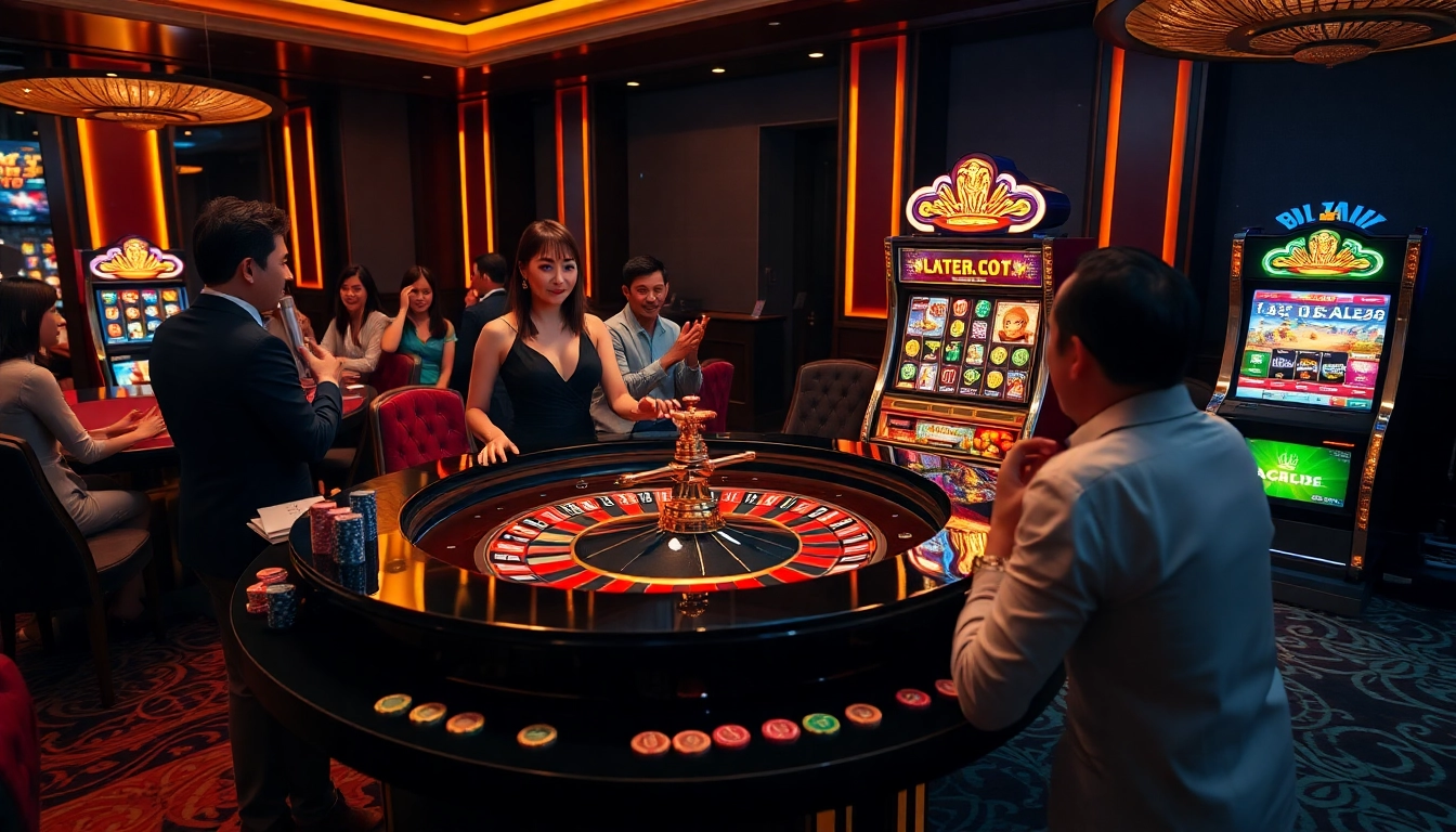 Experience thrilling gameplay at Trang chủ Luck8, featuring an elegant roulette table surrounded by joyful players.