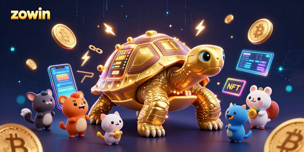 Zowin offers thrilling casino games with a golden tortoise pinball feature surrounded by vibrant crypto elements.