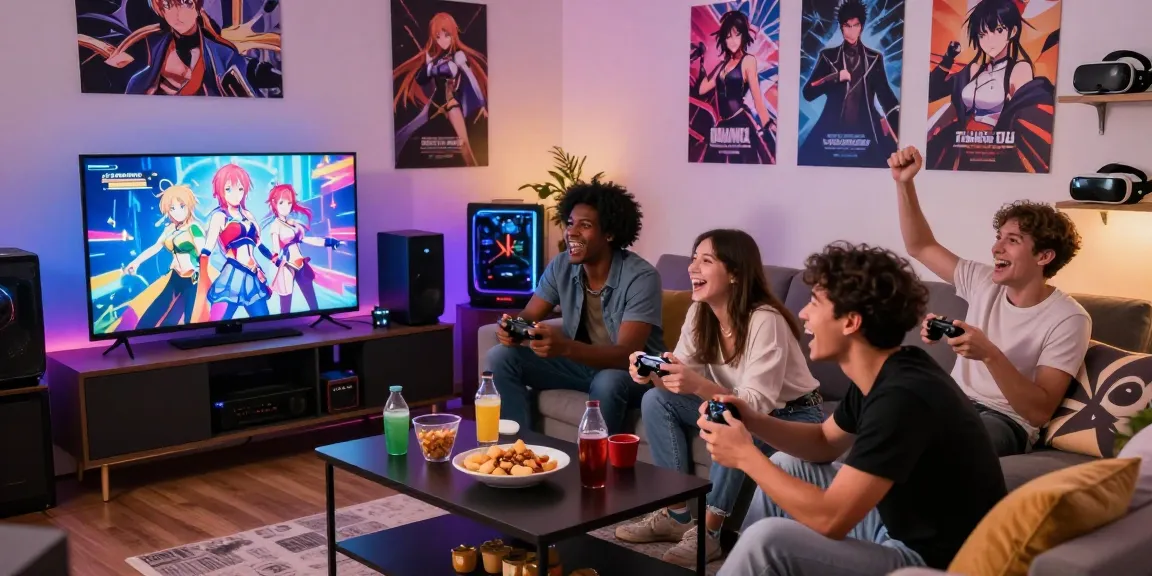 Friends enjoying a multiplayer hentai game in a cozy gaming room with vibrant decorations.