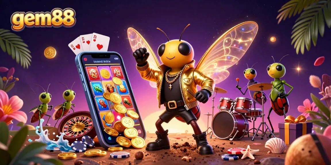 Engage with gem88's thrilling gaming adventure featuring a dynamic rock star illustration and vibrant casino elements.