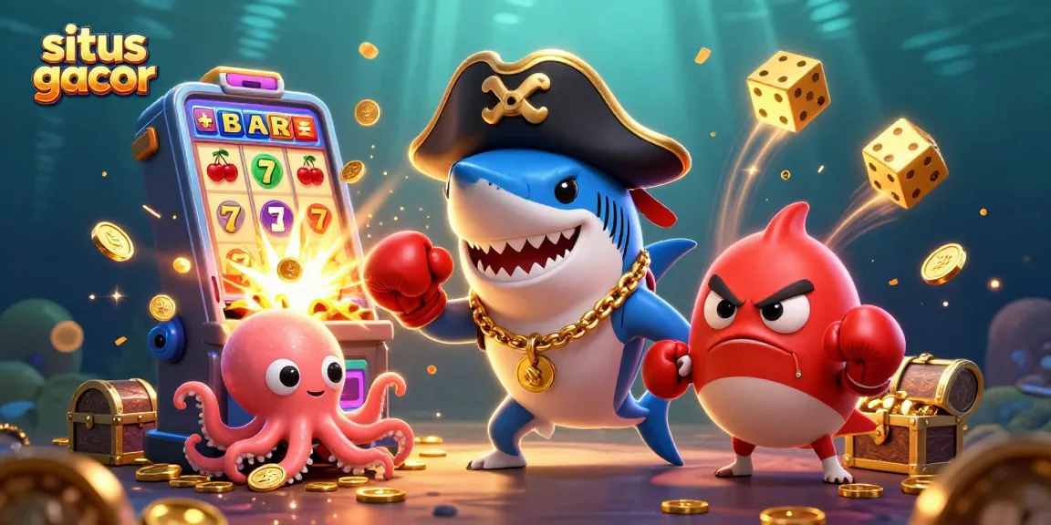 Situs gacor display featuring engaging 3D cartoon characters celebrating a big win with slot machines and gold coins