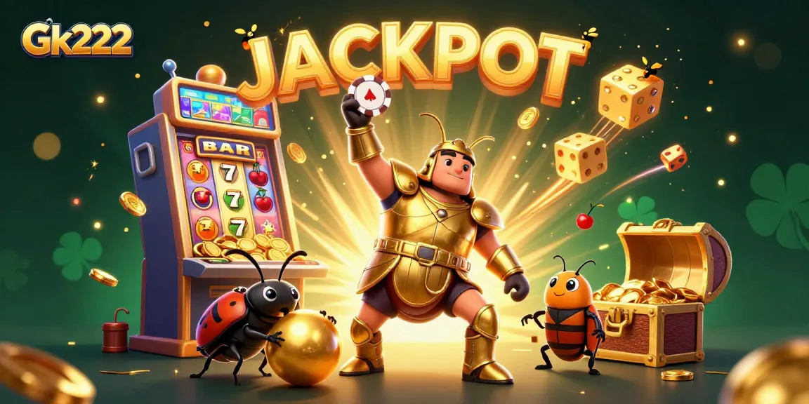 Experience intense gaming action with Gk222 as a victorious beetle lifts a poker chip amidst jackpots and excitement.