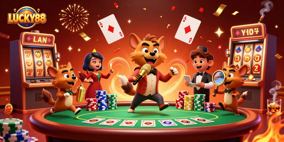 LUCKY88 showcases hyenas in a lively casino scene with vibrant gaming elements and celebratory atmosphere.