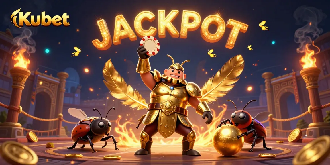 Kubet champions celebrate with a beetle duo lifting poker chips in a vibrant casino scene.