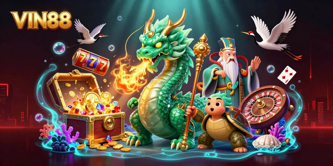 Experience thrilling wins at VIN88 with an emerald dragon and lucky cranes in vibrant casino scene.