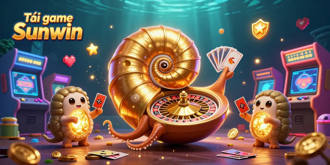 Download Tải game Sunwin with vibrant 3D illustration featuring a giant nautilus and casino elements.