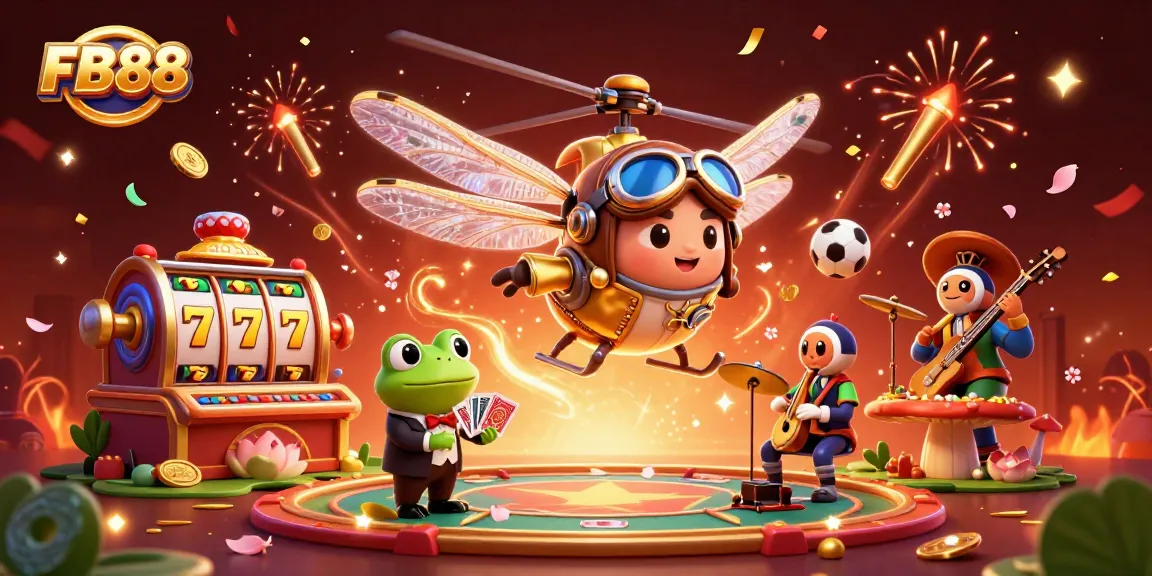 Experience the vibrant world of FB88 as the dragonfly pilot, frog croupier, and jazz-playing crickets celebrate casino gaming.
