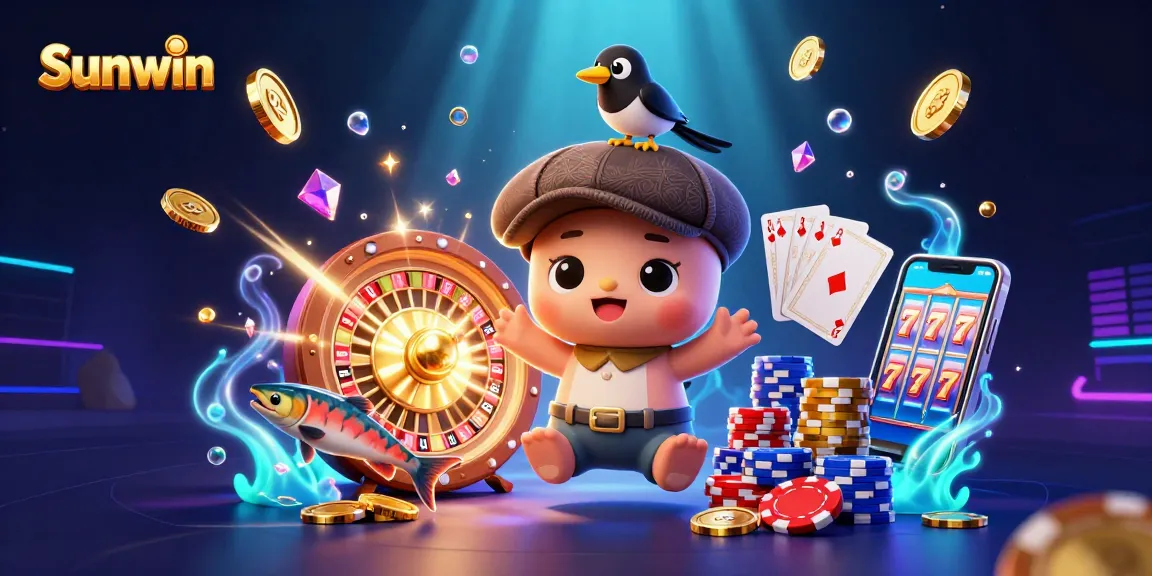 Sunwin's playful gaming scene featuring Nessie, a gold magpie, and fish with vibrant casino elements.