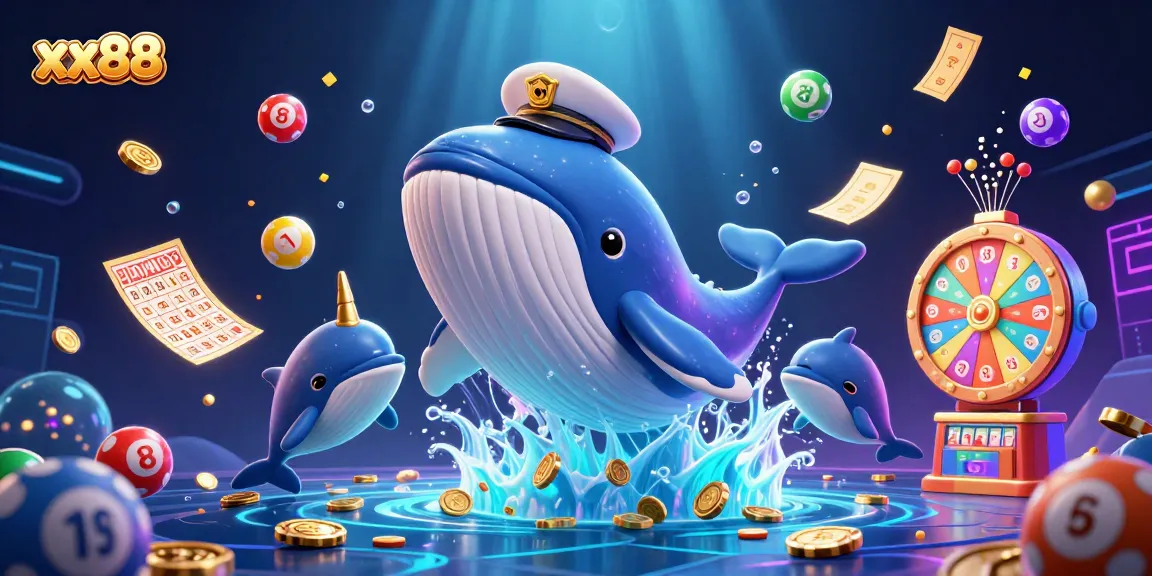 Experience the excitement of xx88 with playful dolphins and a majestic whale in a vibrant sea of casino riches.