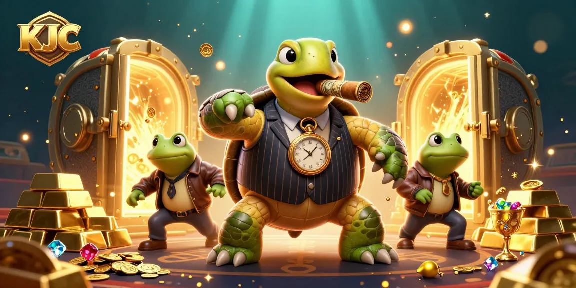 KJC promotes thrilling action with a lively casino scene featuring cartoon characters amid sparkling treasures and vibrant lights.