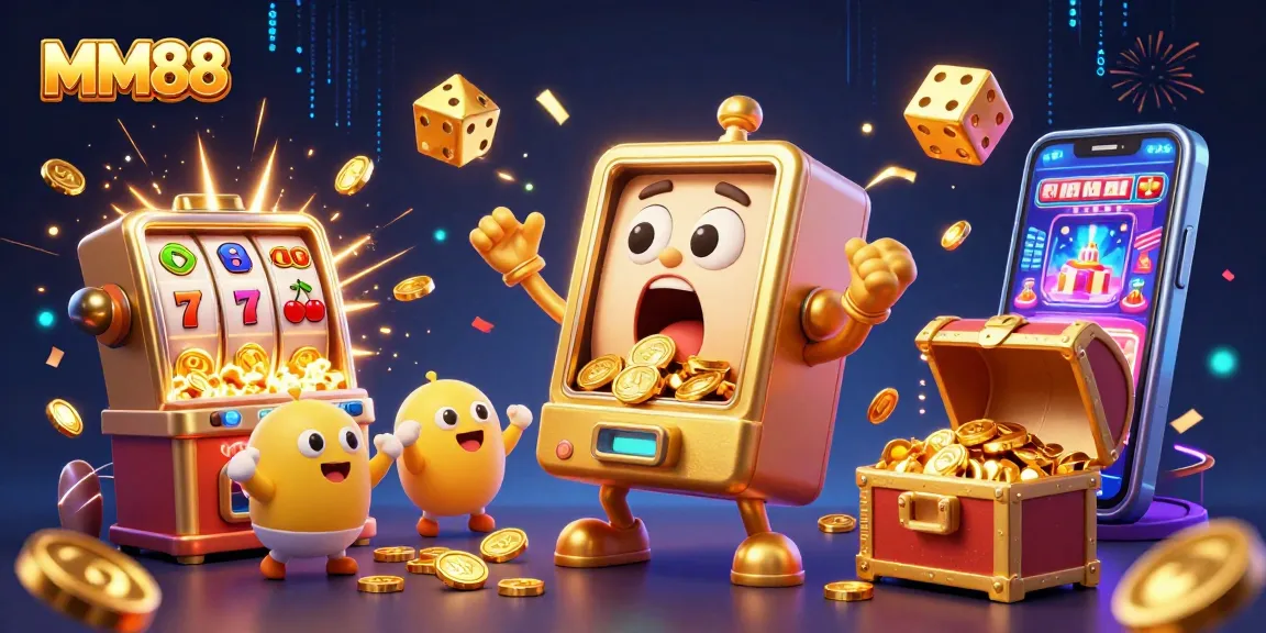 MM88’s golden slot machine hitting a jackpot, surrounded by cheering baby slots and stunning casino elements.