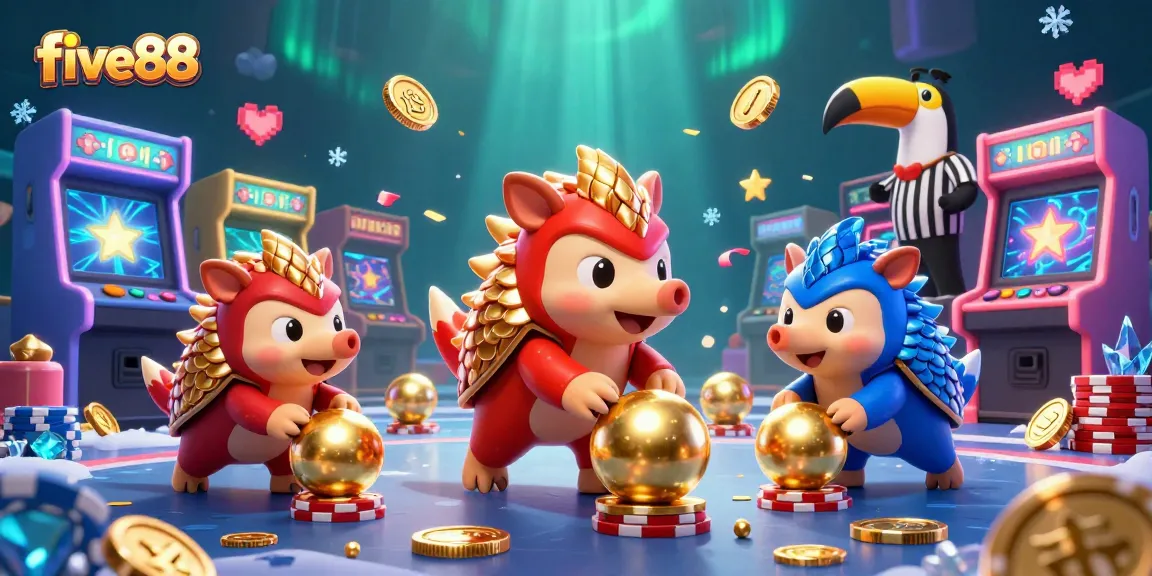Engage with five88 as rival pangolins compete in a vibrant casino-inspired arcade scene.