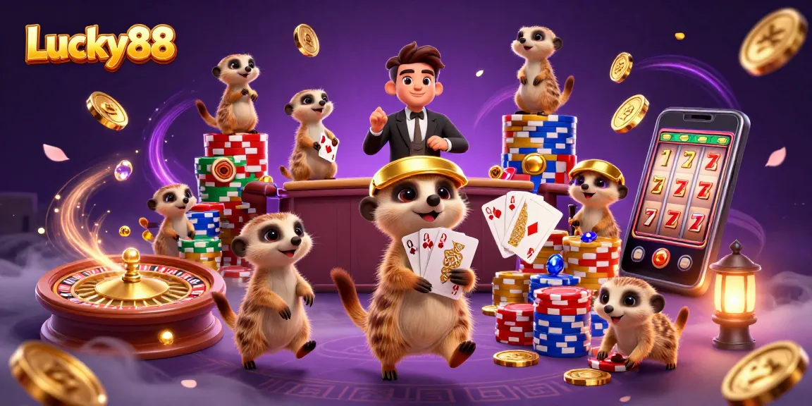 Experience the excitement of Lucky88 with meerkats showcasing thrilling casino action, including roulette and cards.